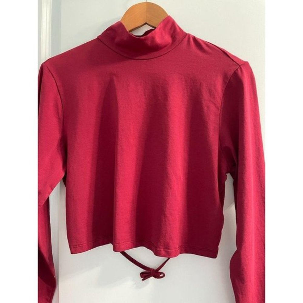 Red Solid Mock Neck Criss Cross Open Back Crop Top